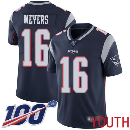 New England Patriots Football #16 100th Season Limited Navy Blue Youth Jakobi Meyers Home NFL Jersey->new england patriots->NFL Jersey